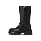 Black Double Buckle Mid Calf Riding Boots