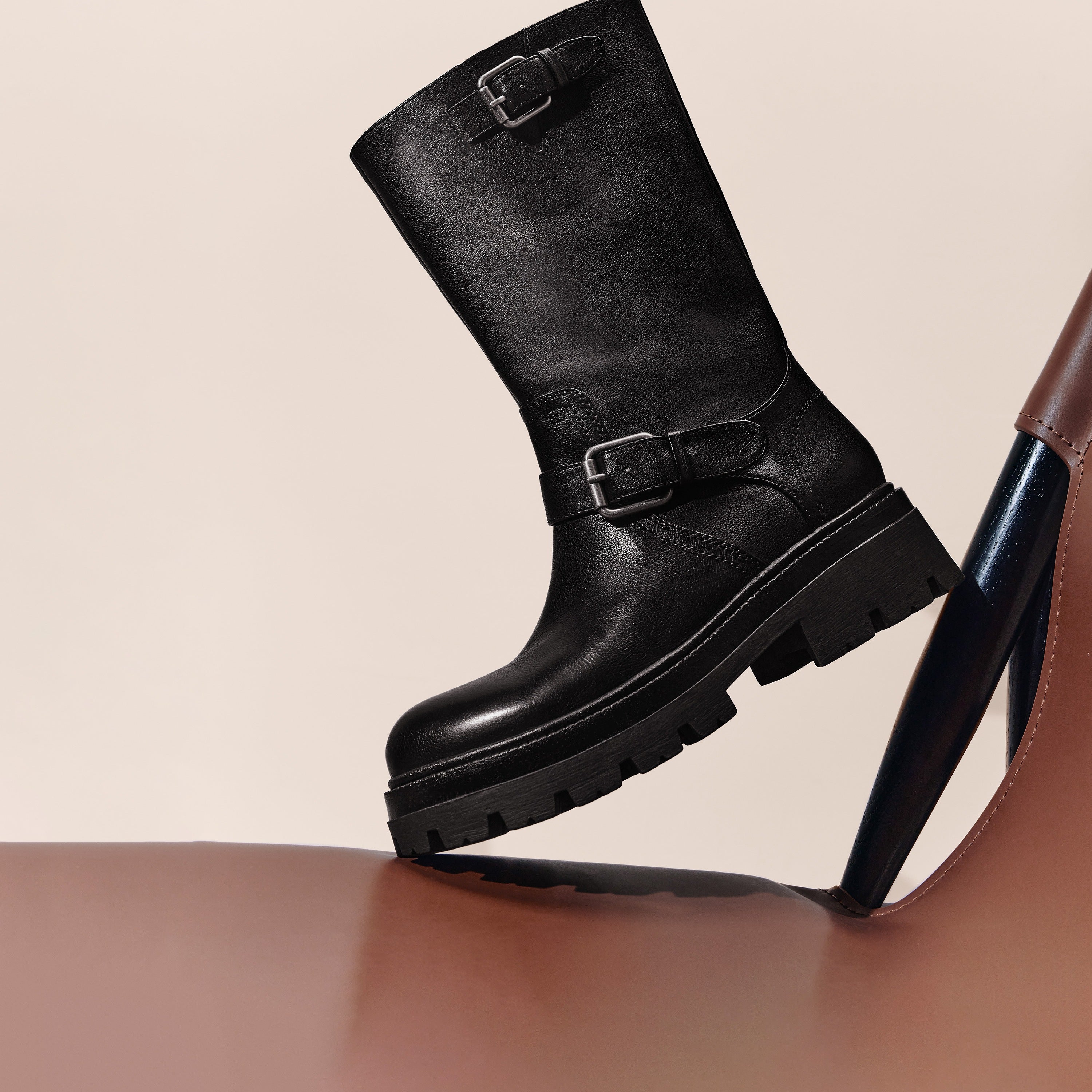 Black Double Buckle Mid Calf Riding Boots