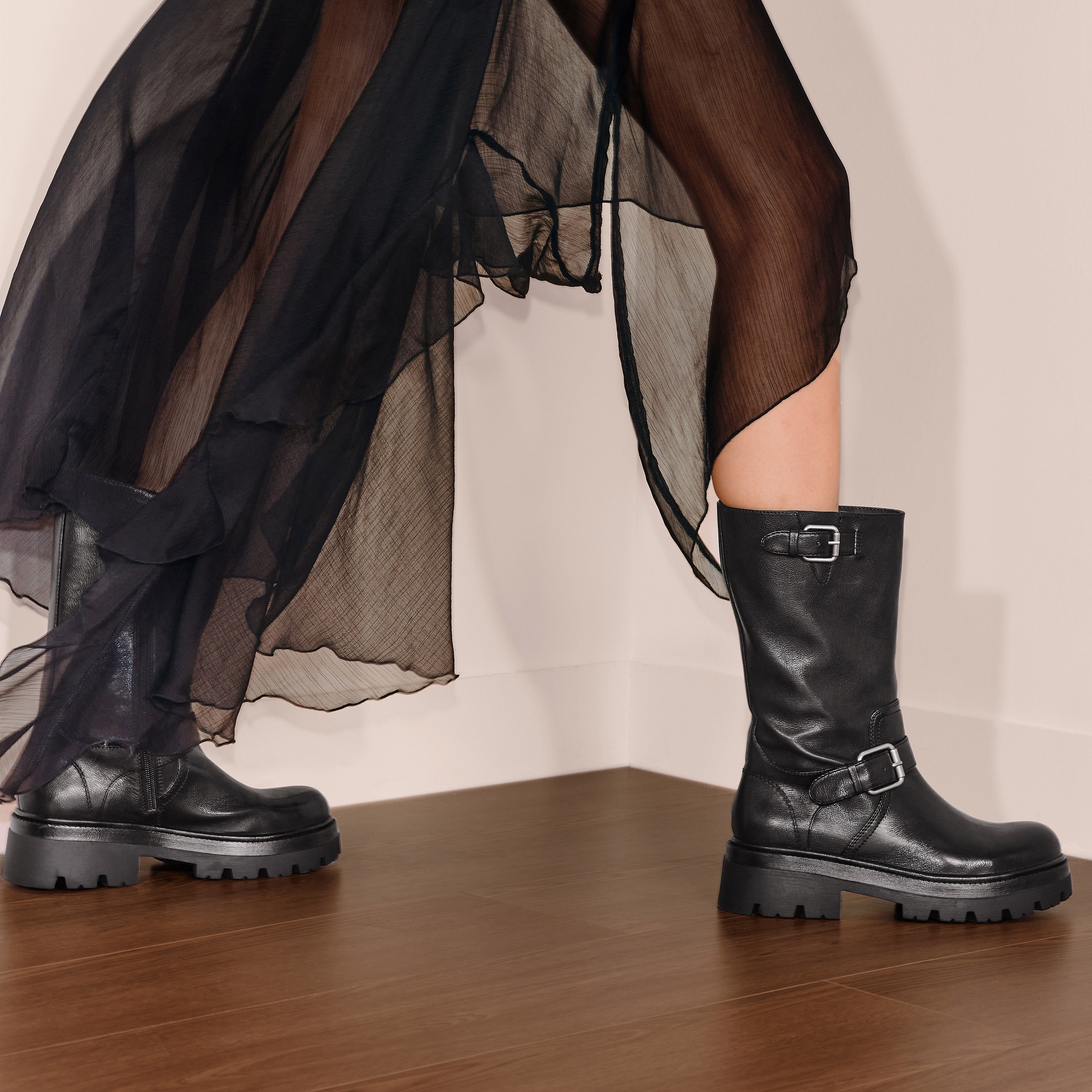 Black Double Buckle Mid Calf Riding Boots