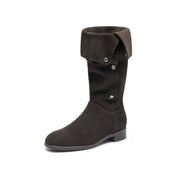 Brown Buttons Under Knee Slouchy Flat Boots