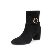 Black Buckle Suede Ankle Heeled Boots
