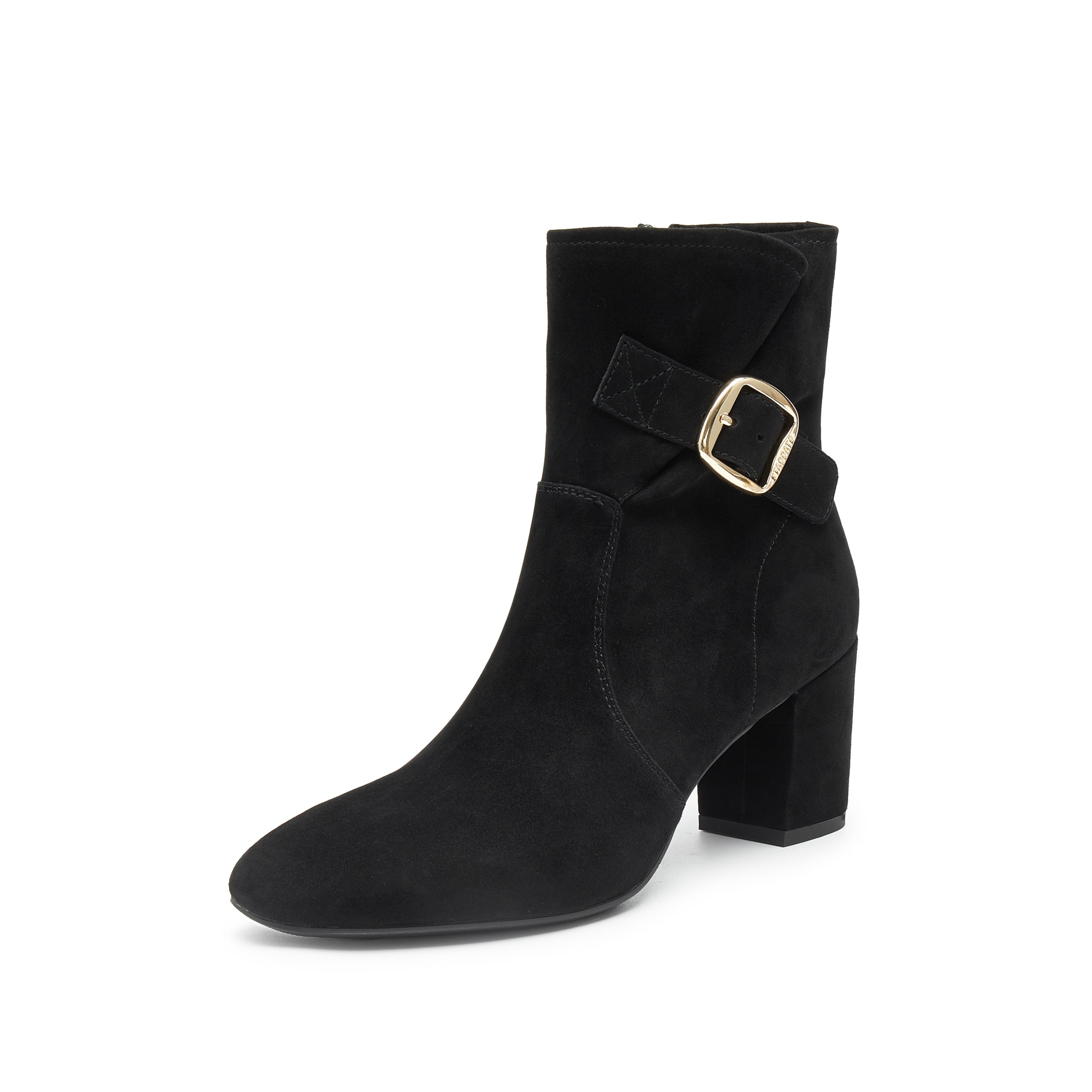 Black Buckle Suede Ankle Heeled Boots
