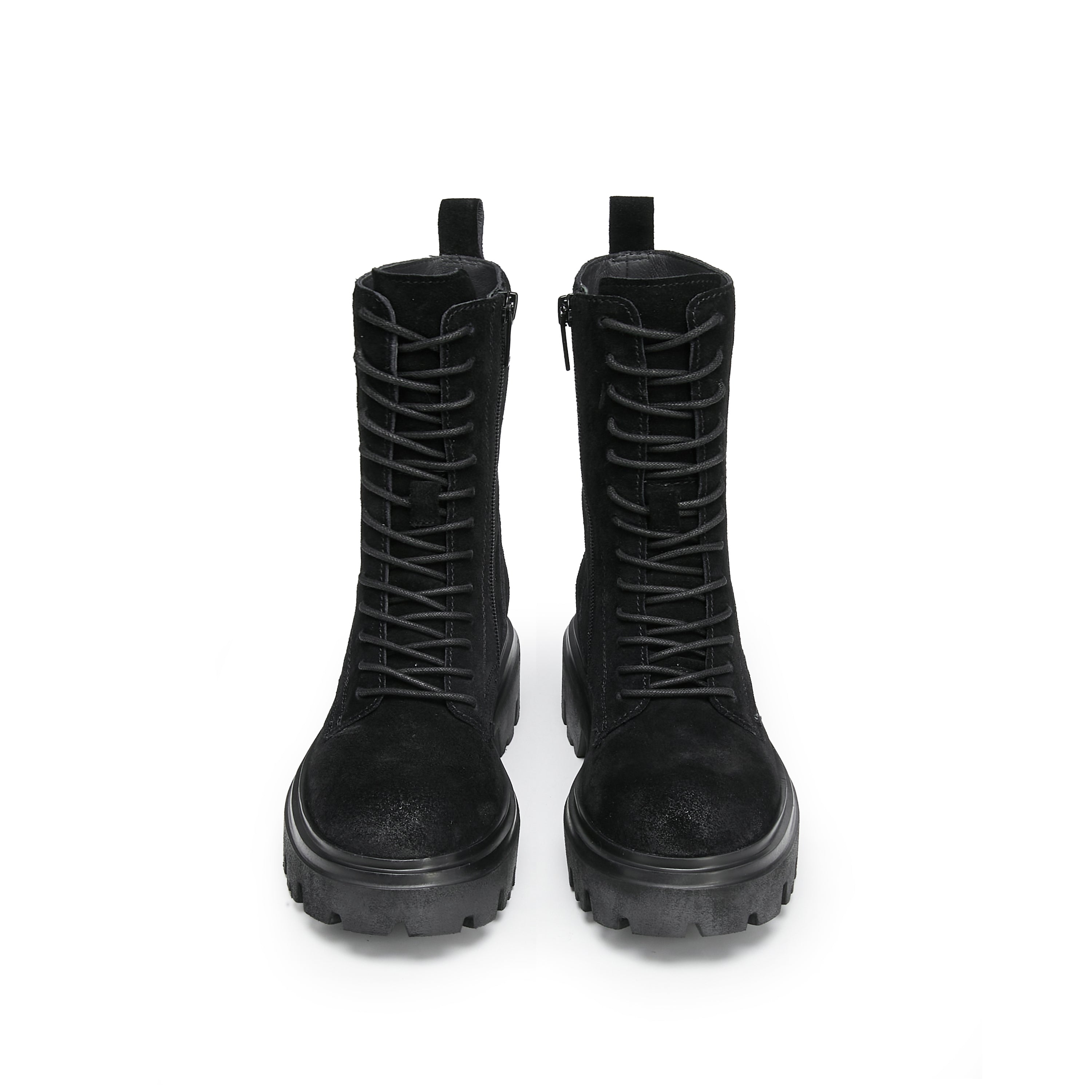 Black Calf Suede Lace Up Combat Boots