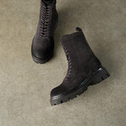 Black Calf Suede Lace Up Combat Boots