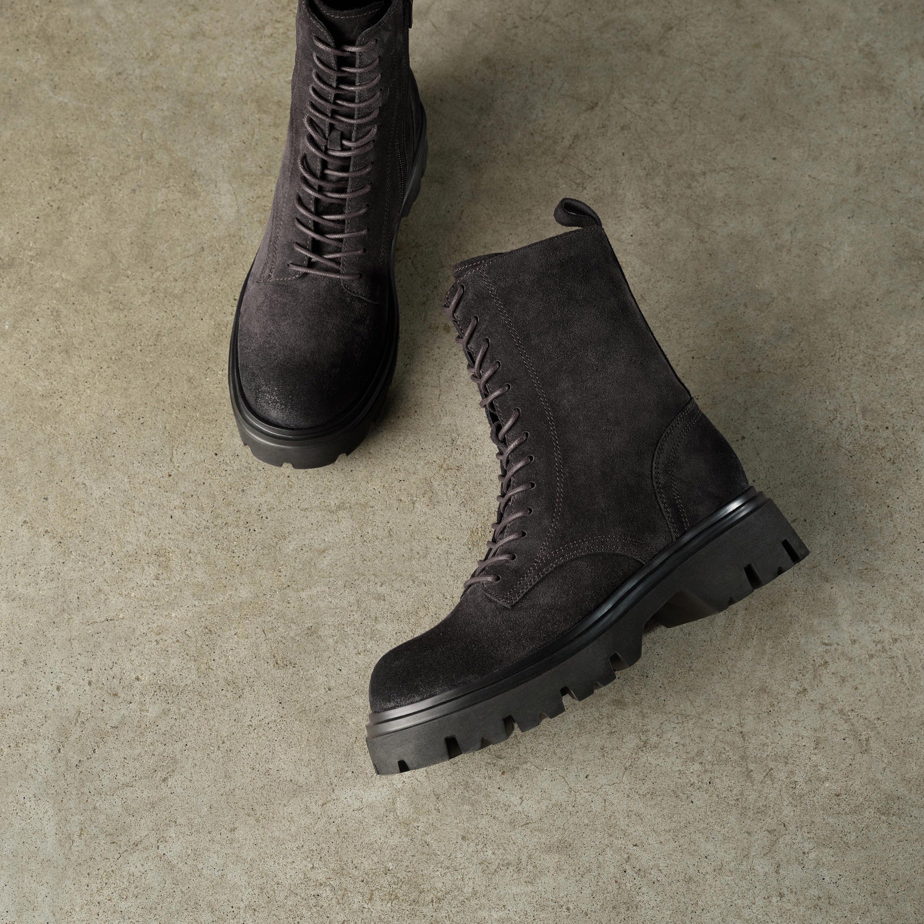 Black Calf Suede Lace Up Combat Boots