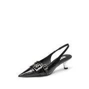 Black Pleated Leather Strap Slingback Pumps