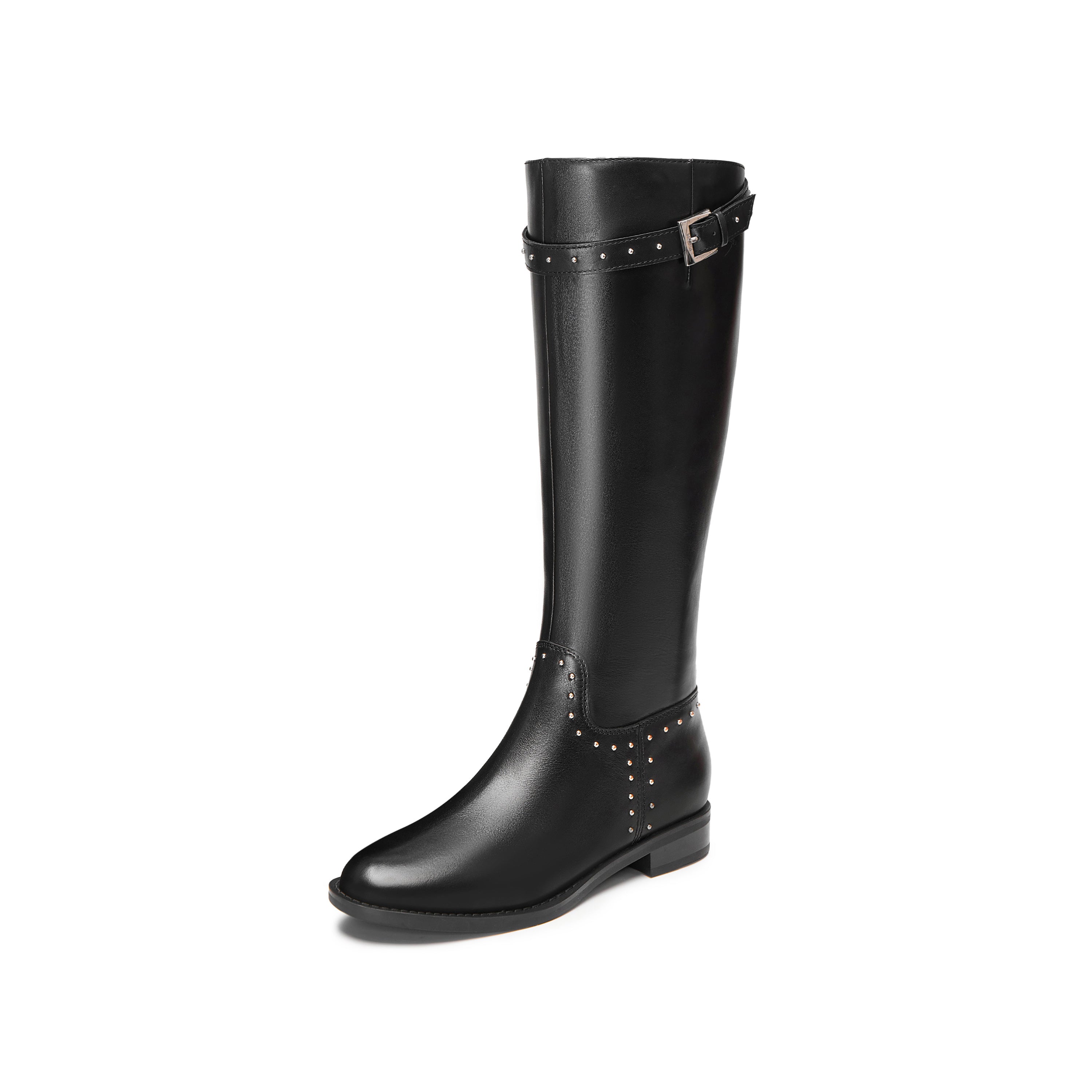 Black Leather Studs Strap High Knee Riding Boots