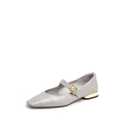 Light Grey Embossed Leather Mary Jane Flats