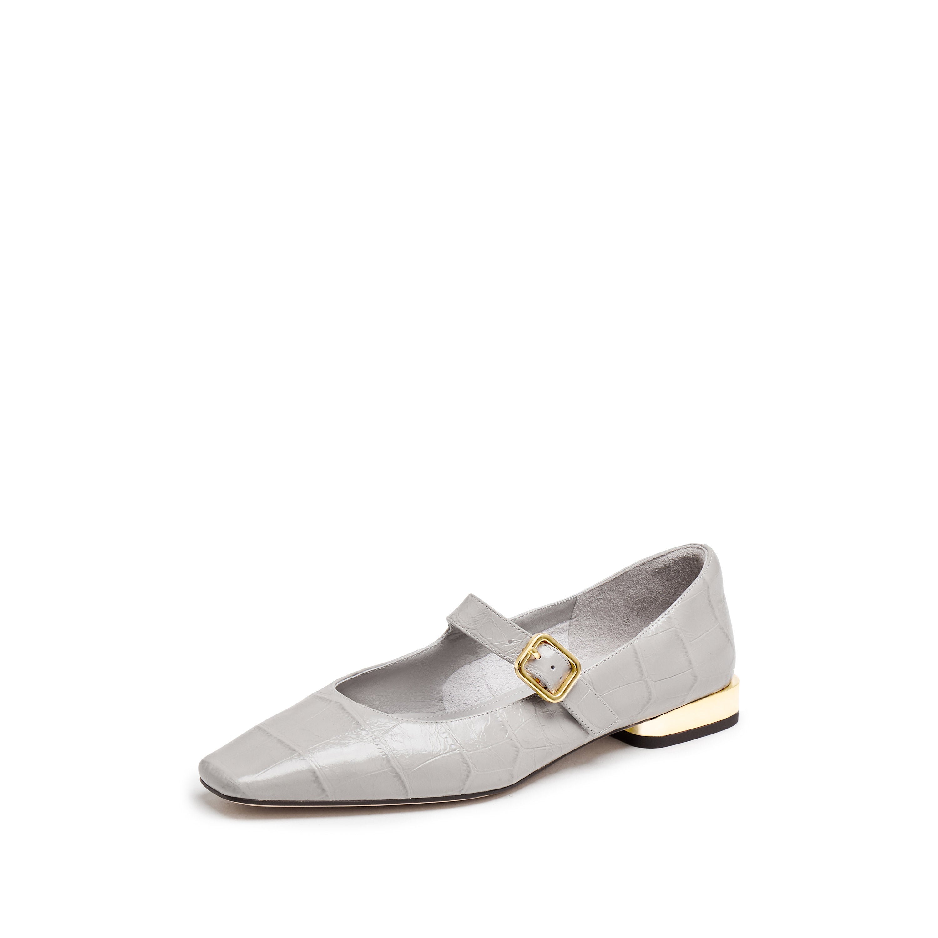 Light Grey Embossed Leather Mary Jane Flats