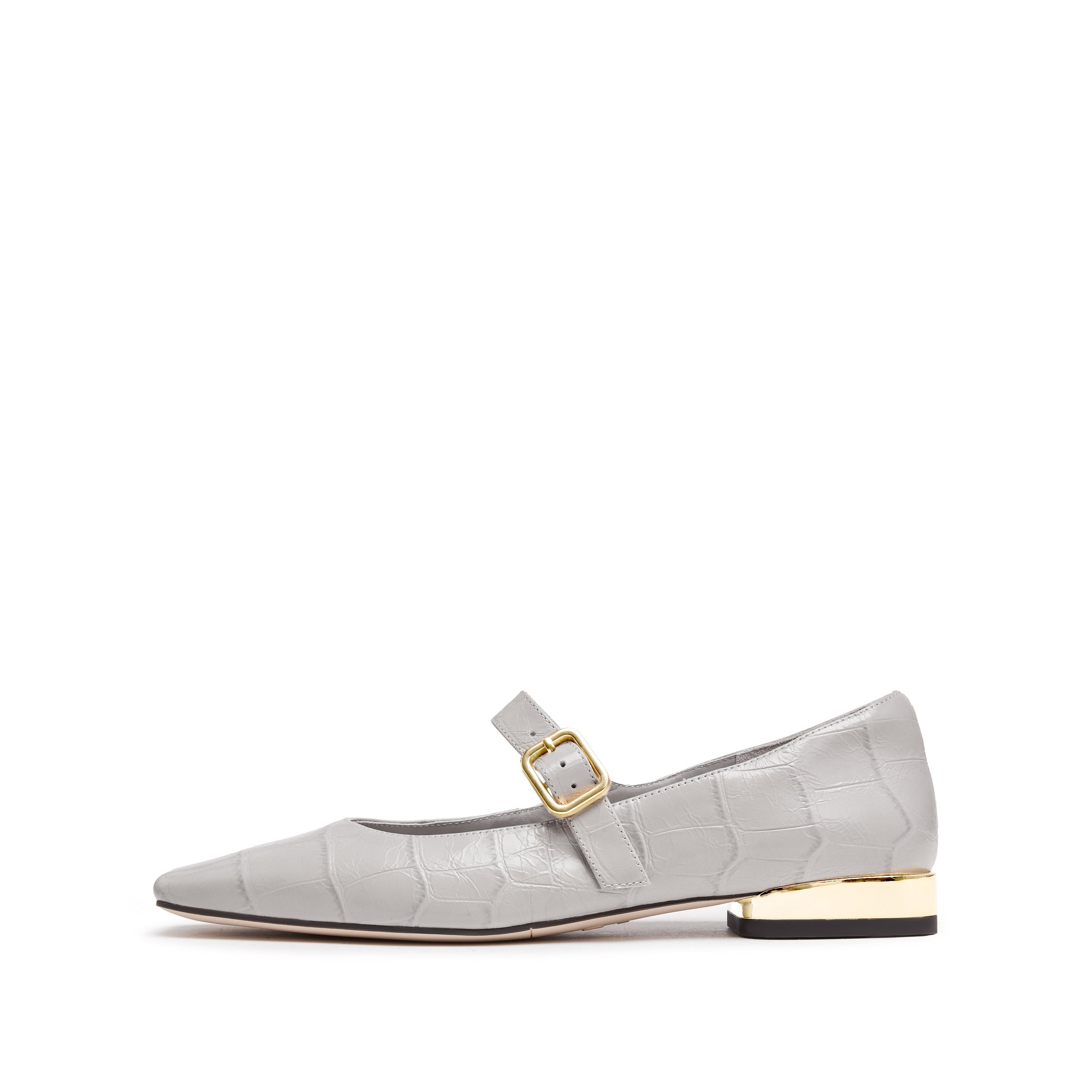 Light Grey Embossed Leather Mary Jane Flats