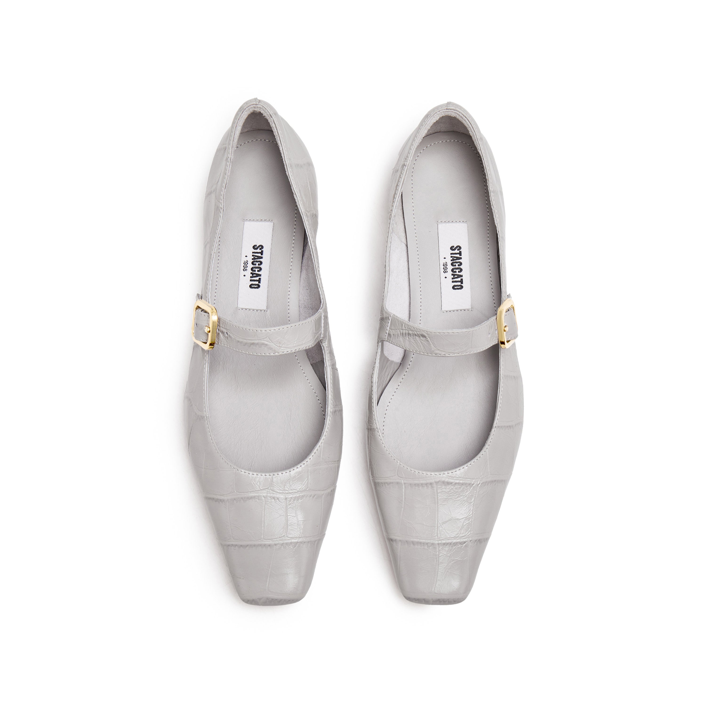 Light Grey Embossed Leather Mary Jane Flats