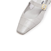 Light Grey Embossed Leather Mary Jane Flats
