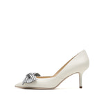 Load image into Gallery viewer, Beige Crystal Bow Leather Pumps
