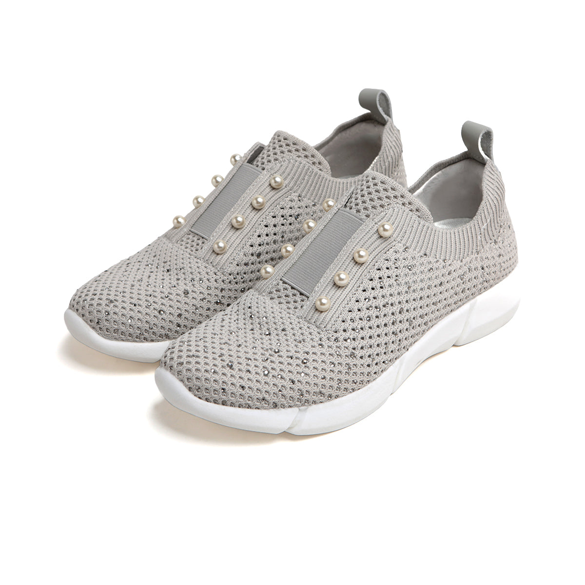 Grey Knit Pearl and Crystal Slip On Sneakers