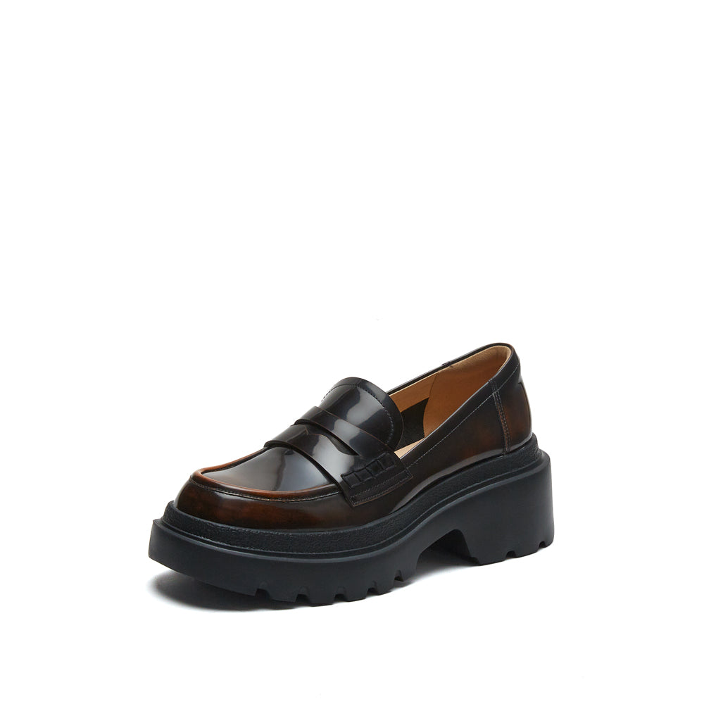 Brown Leather Platform Chunky Penny Loafers