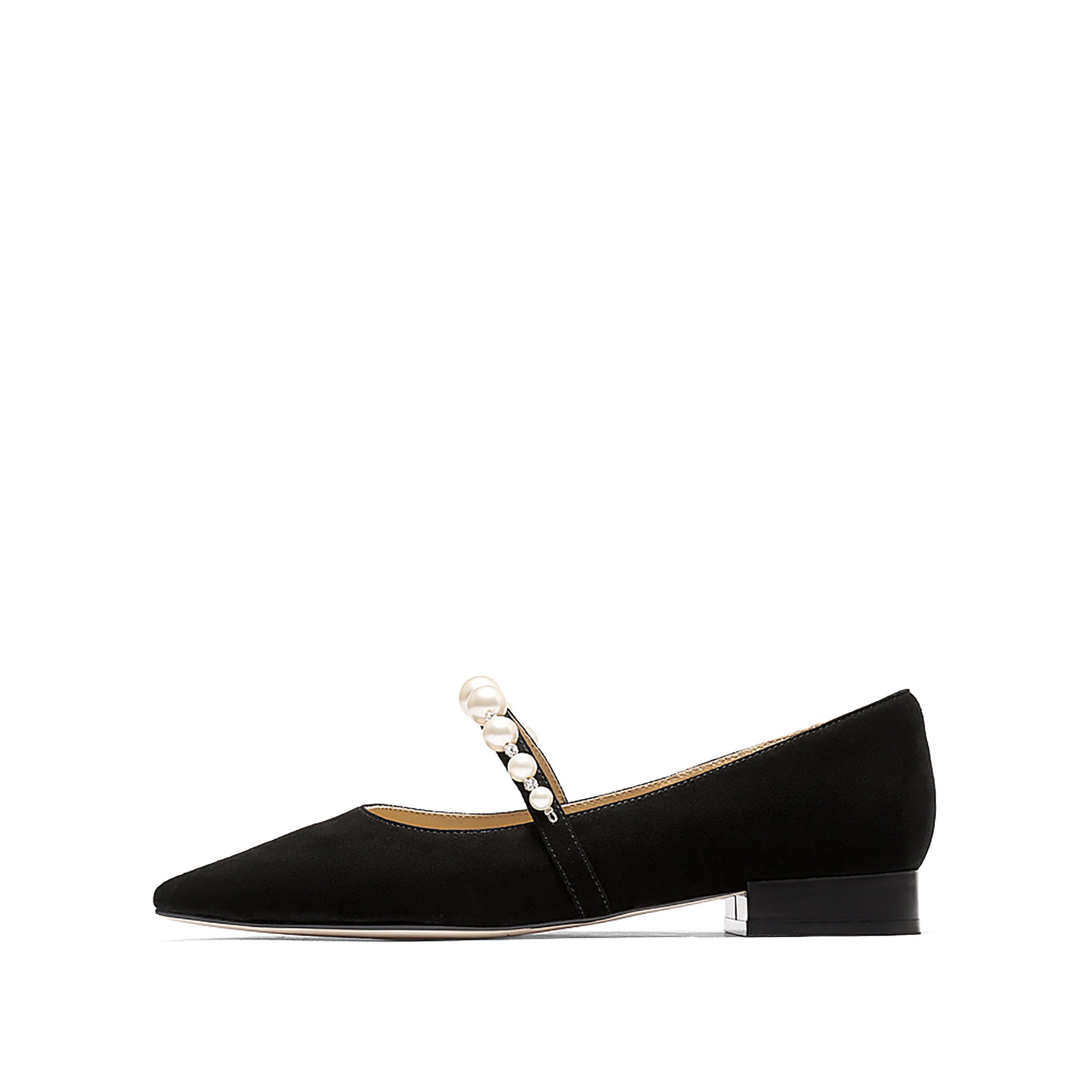 Black Suede Pearl and Crystal-embellished Flats