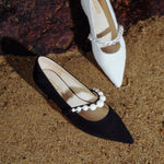 Load image into Gallery viewer, Black Suede Pearl and Crystal-embellished Flats
