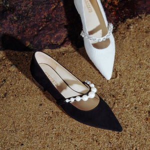 Black Suede Pearl and Crystal-embellished Flats