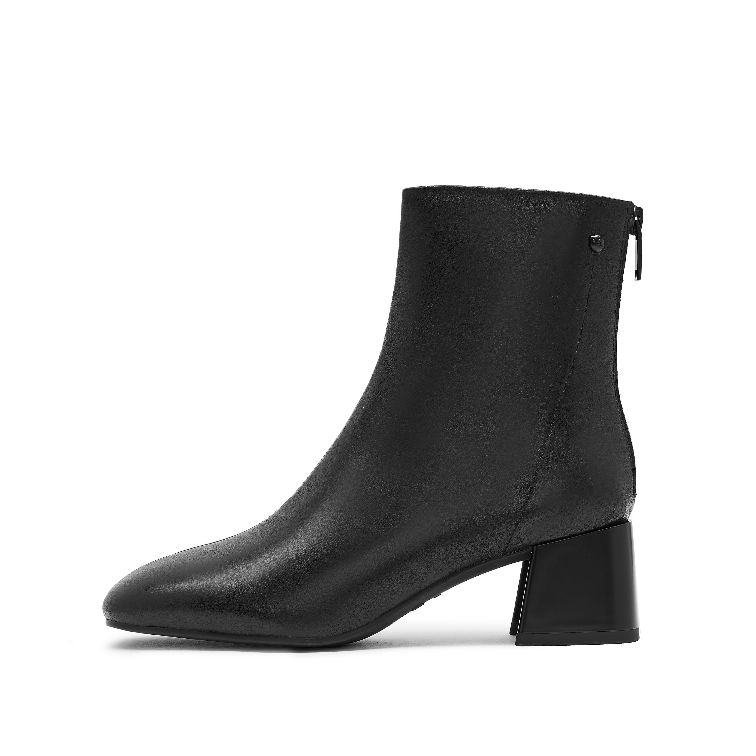 Black Round Toe Leather Ankle Boots