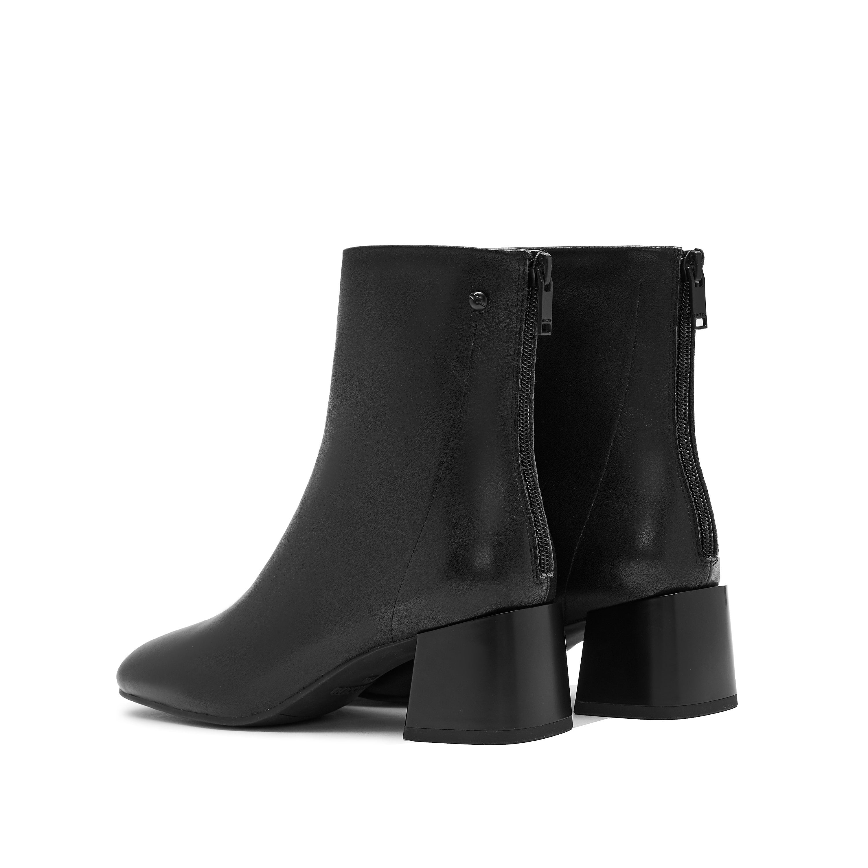 Black Round Toe Leather Ankle Boots