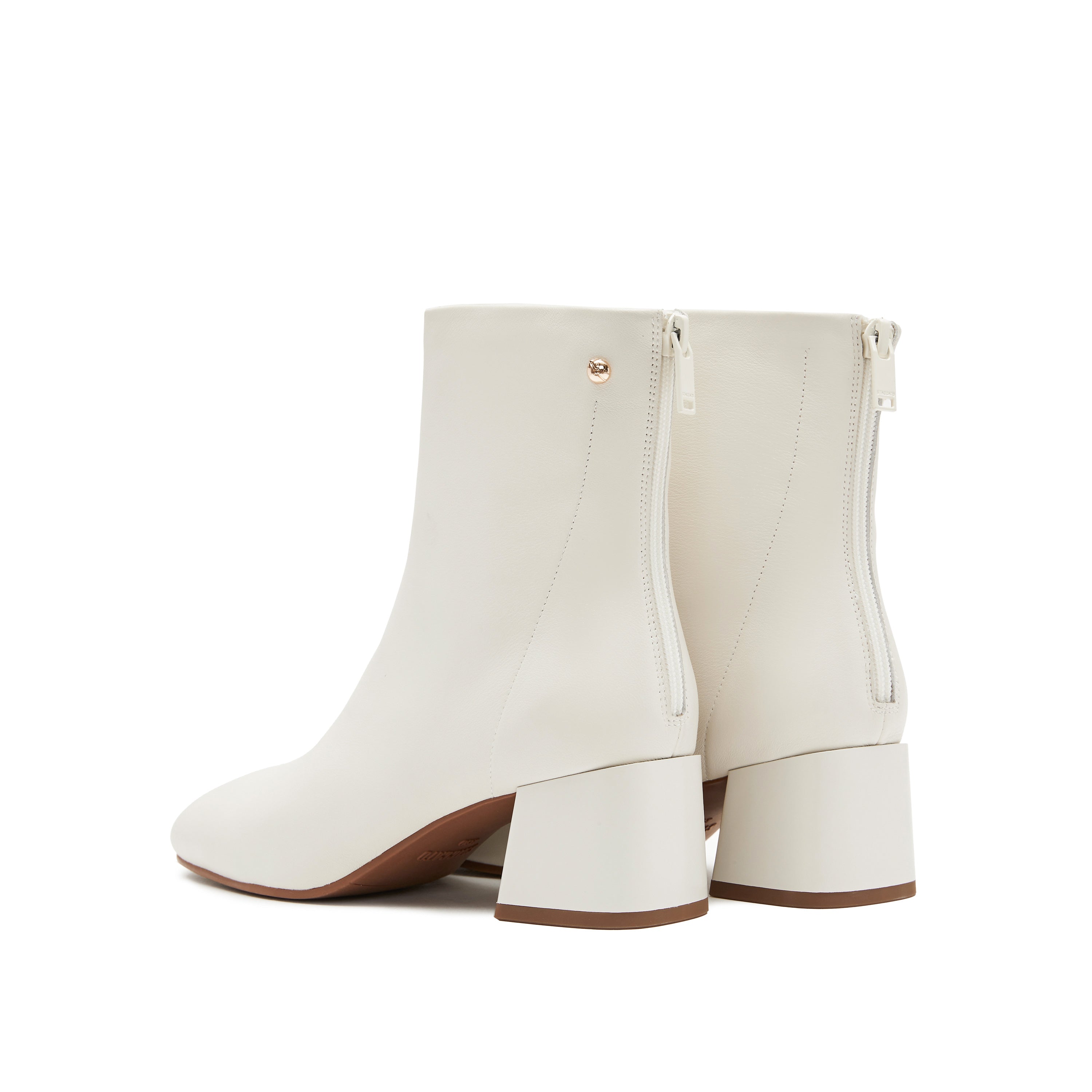 Beige Round Toe Leather Ankle Boots
