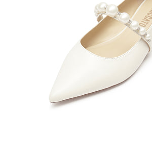 Beige Leather Pearl and Crystal-embellished Flats