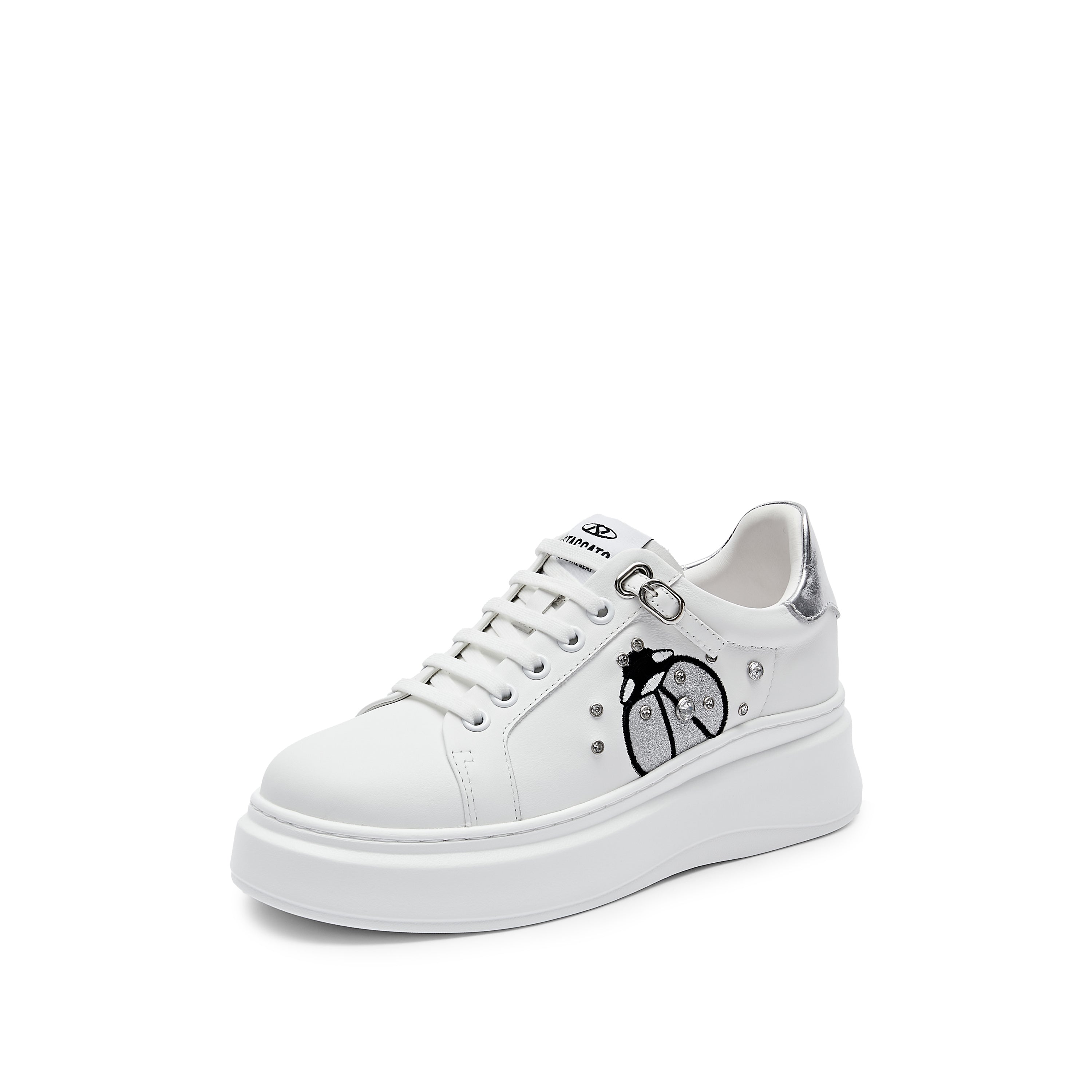 White Lace Up Sneakers With Crystal Beetle