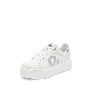 White Lace Up Sneakers With Silver ST Logo