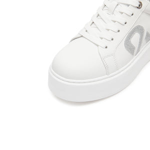 White Lace Up Sneakers With Silver ST Logo