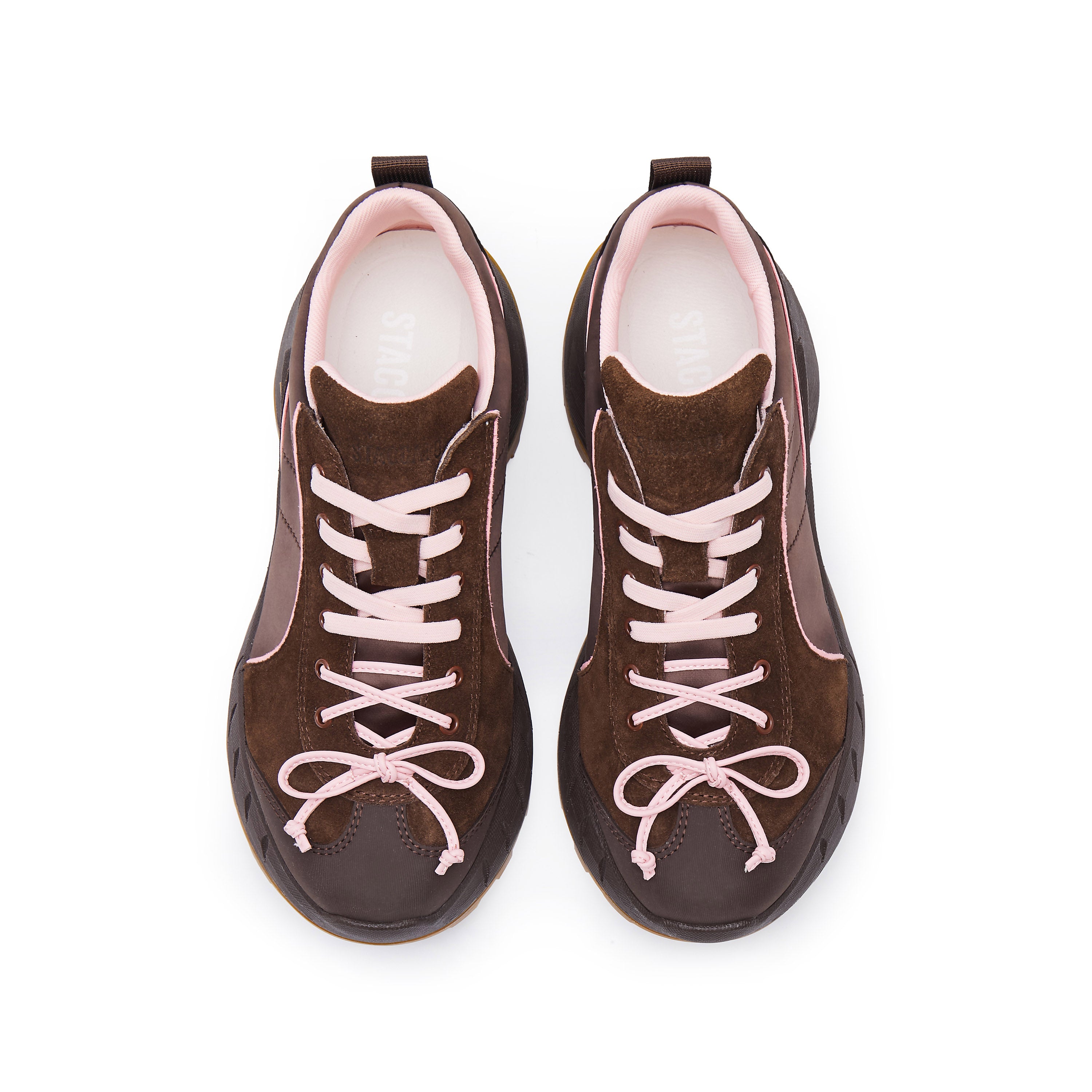 Brown Pink Bow Lace Up Chunky Sneakers