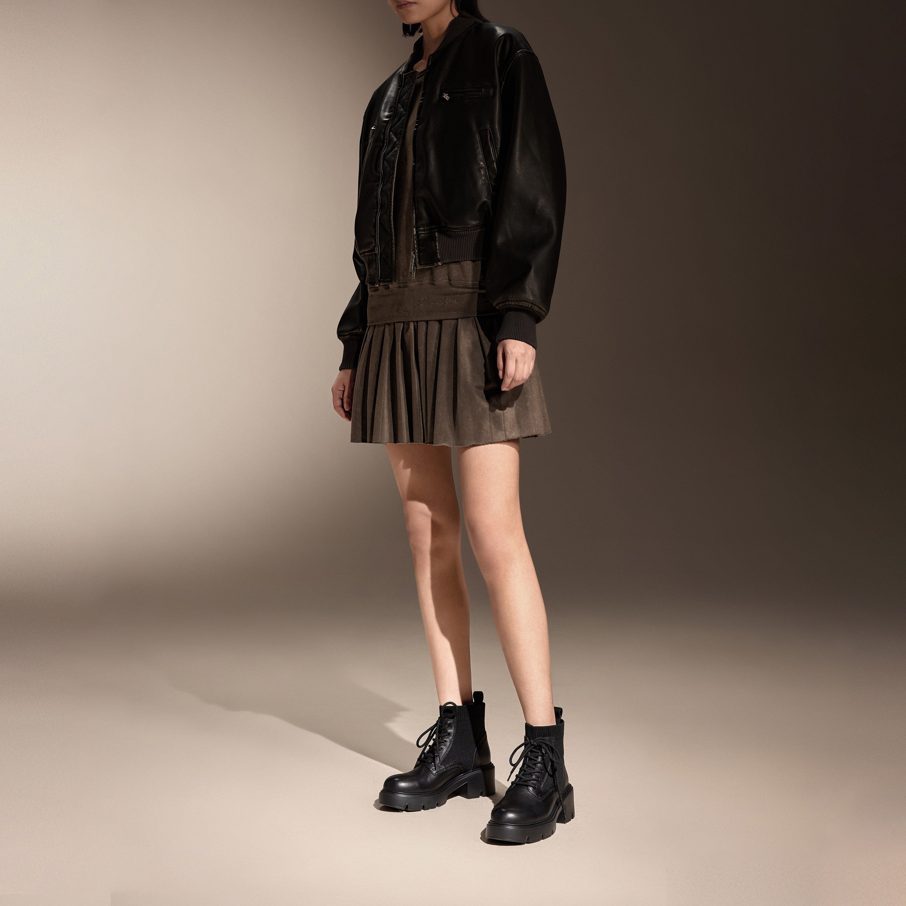 Black Lace-Up Knitted Platform Combat Boots