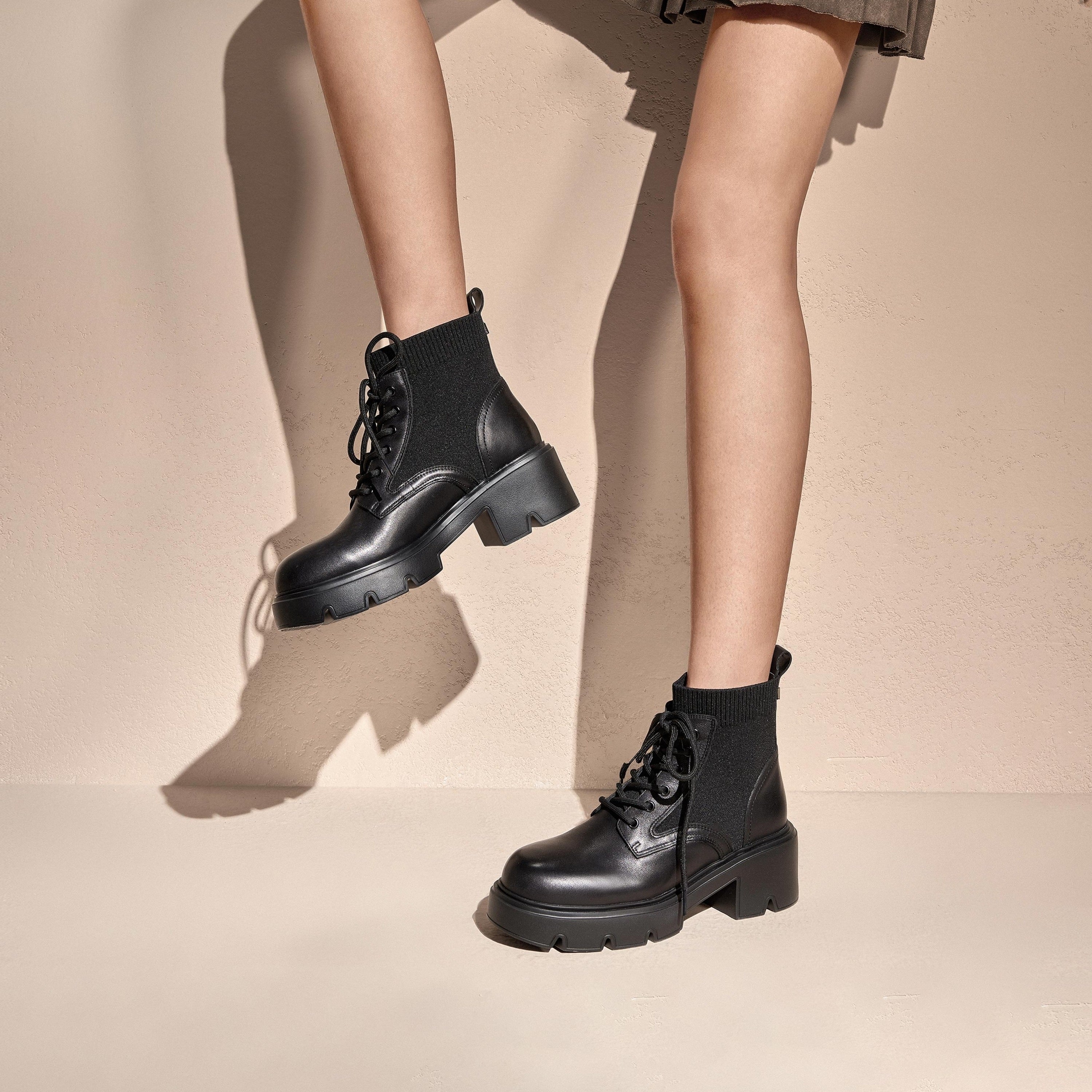 Black Lace-Up Knitted Platform Combat Boots