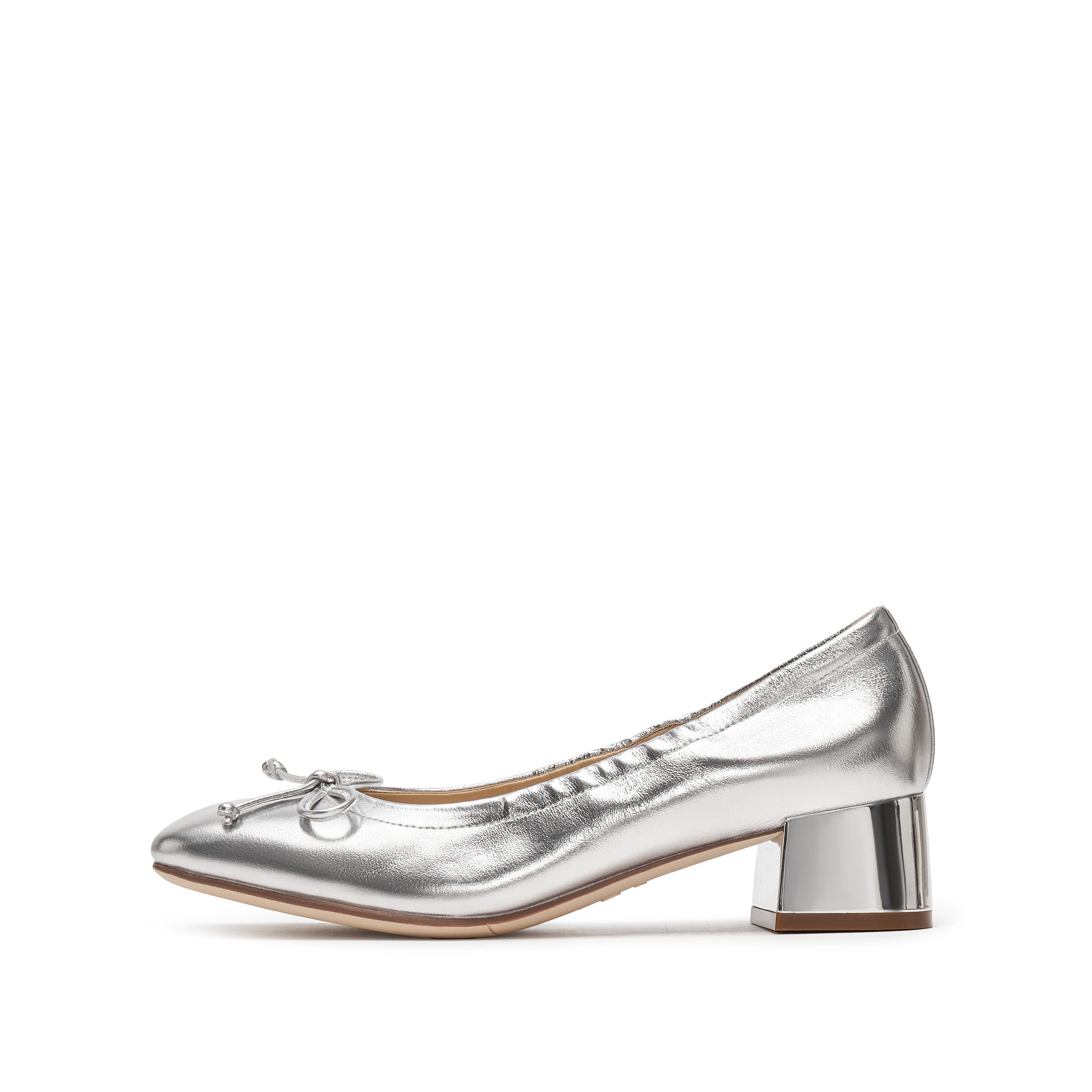 Silvery Bow Leather Ballerina Pumps