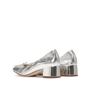 Silvery Bow Leather Ballerina Pumps