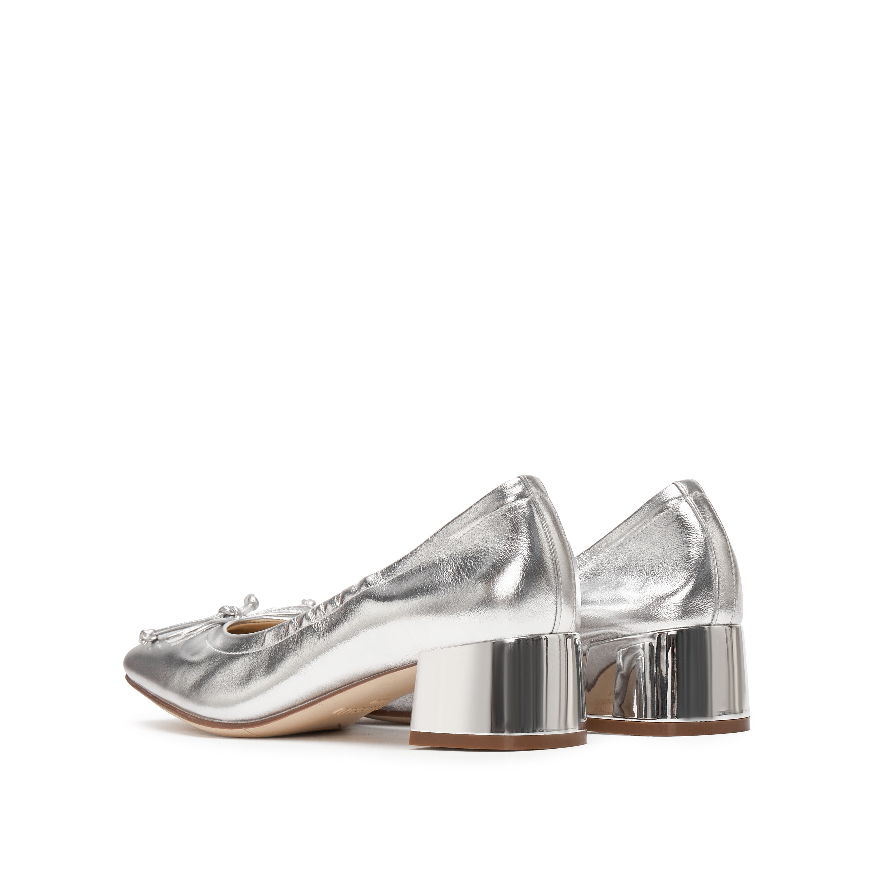 Silvery Bow Leather Ballerina Pumps