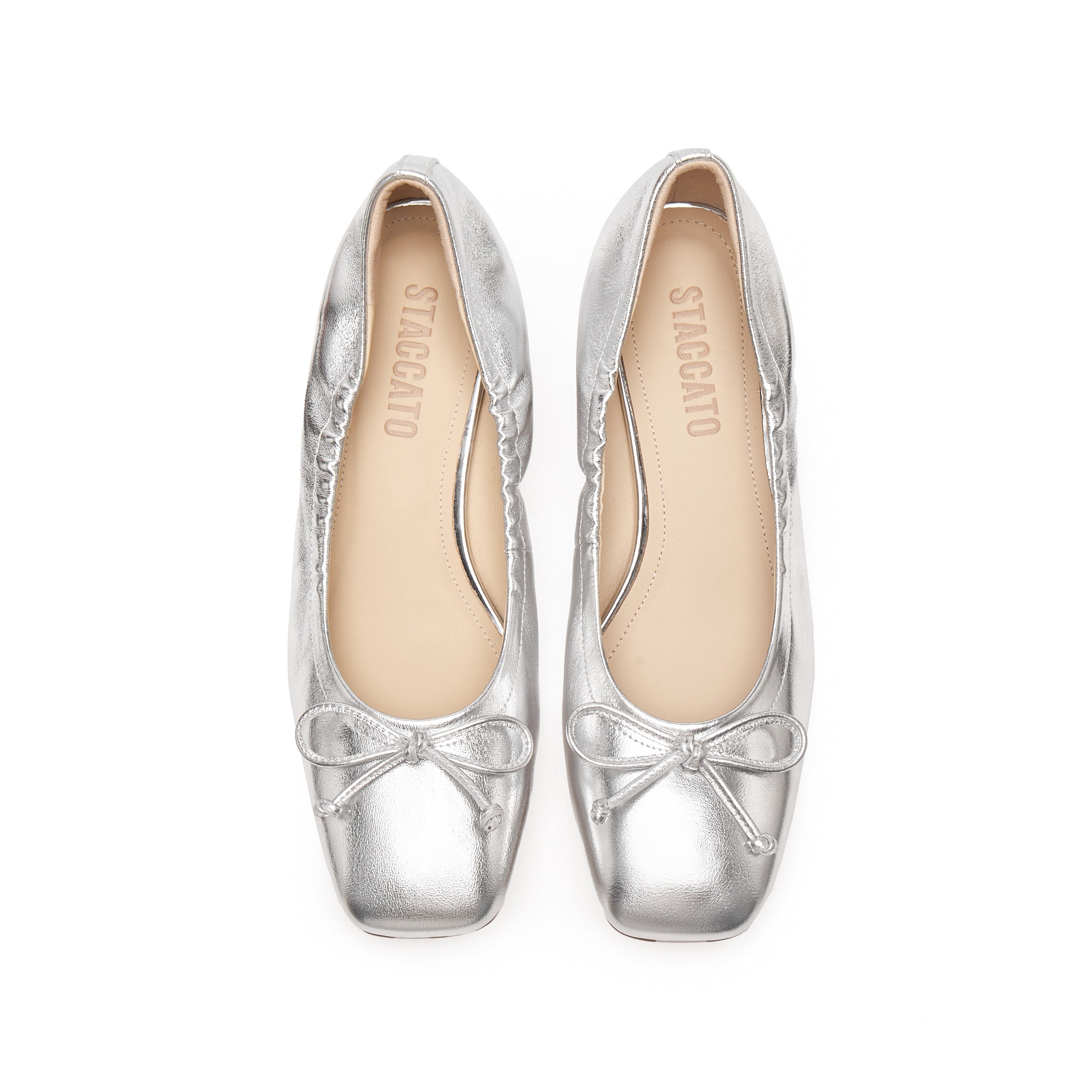 Silvery Bow Leather Ballerina Pumps