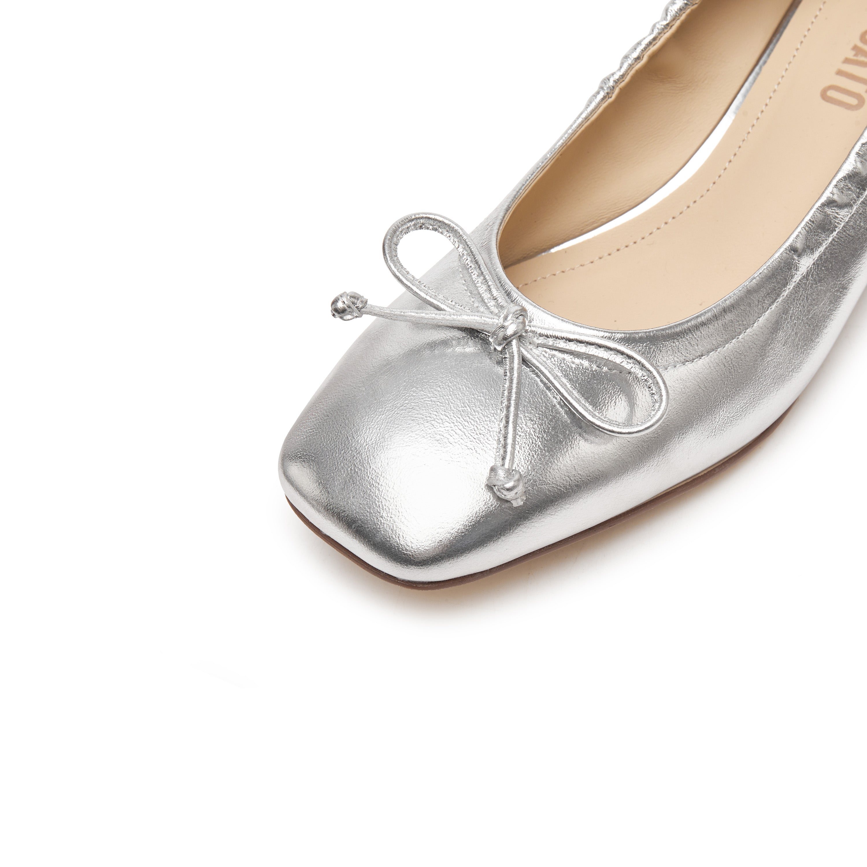 Silvery Bow Leather Ballerina Pumps