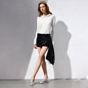 Silvery Bow Leather Ballerina Pumps