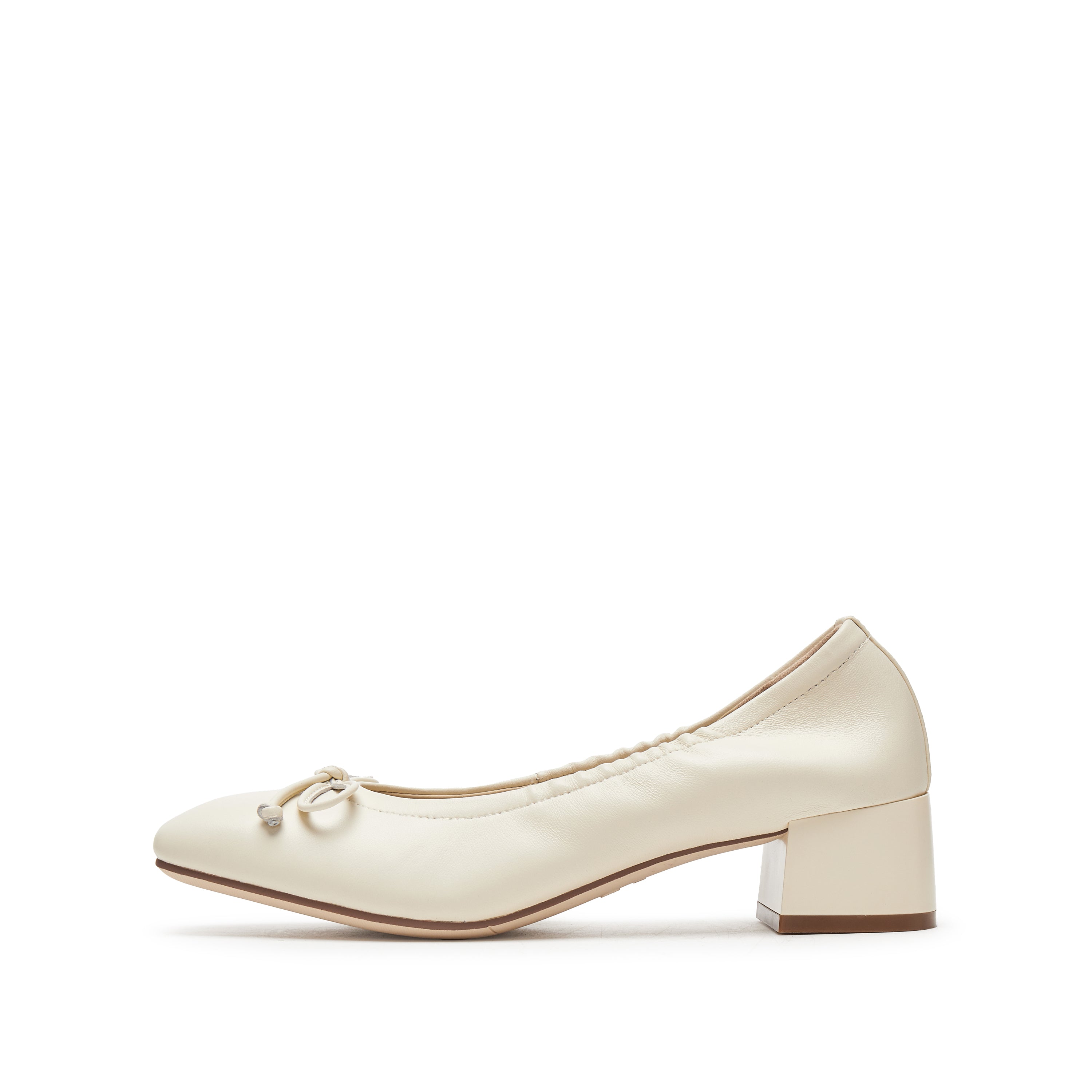 Beige Bow Leather Ballerina Pumps
