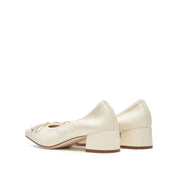 Beige Bow Leather Ballerina Pumps