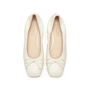 Beige Bow Leather Ballerina Pumps