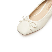 Beige Bow Leather Ballerina Pumps