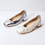 Beige Bow Leather Ballerina Pumps