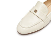 Beige Embossed Minimal Loafers With Golden Square