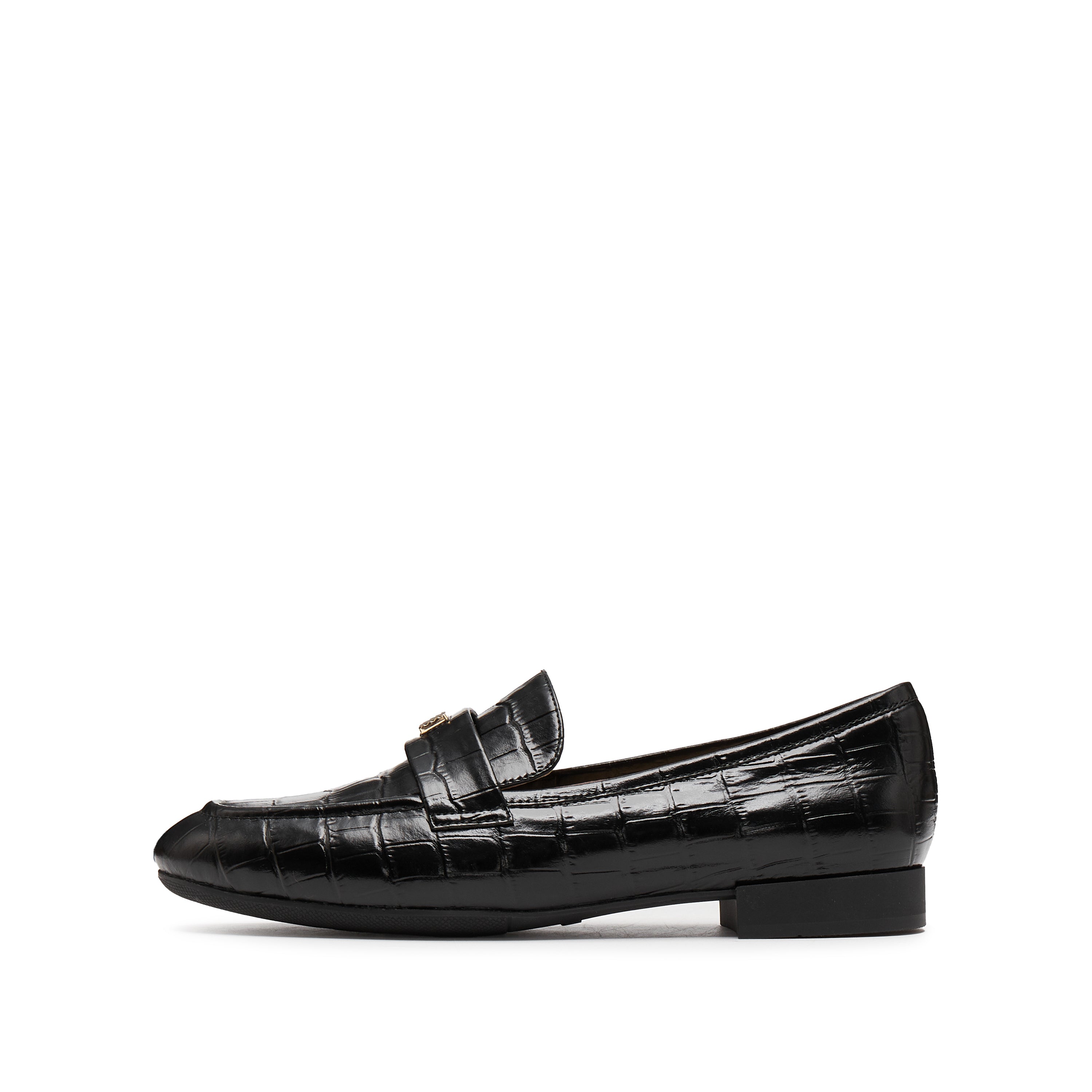 Black Embossed Minimal Loafers With Golden Square