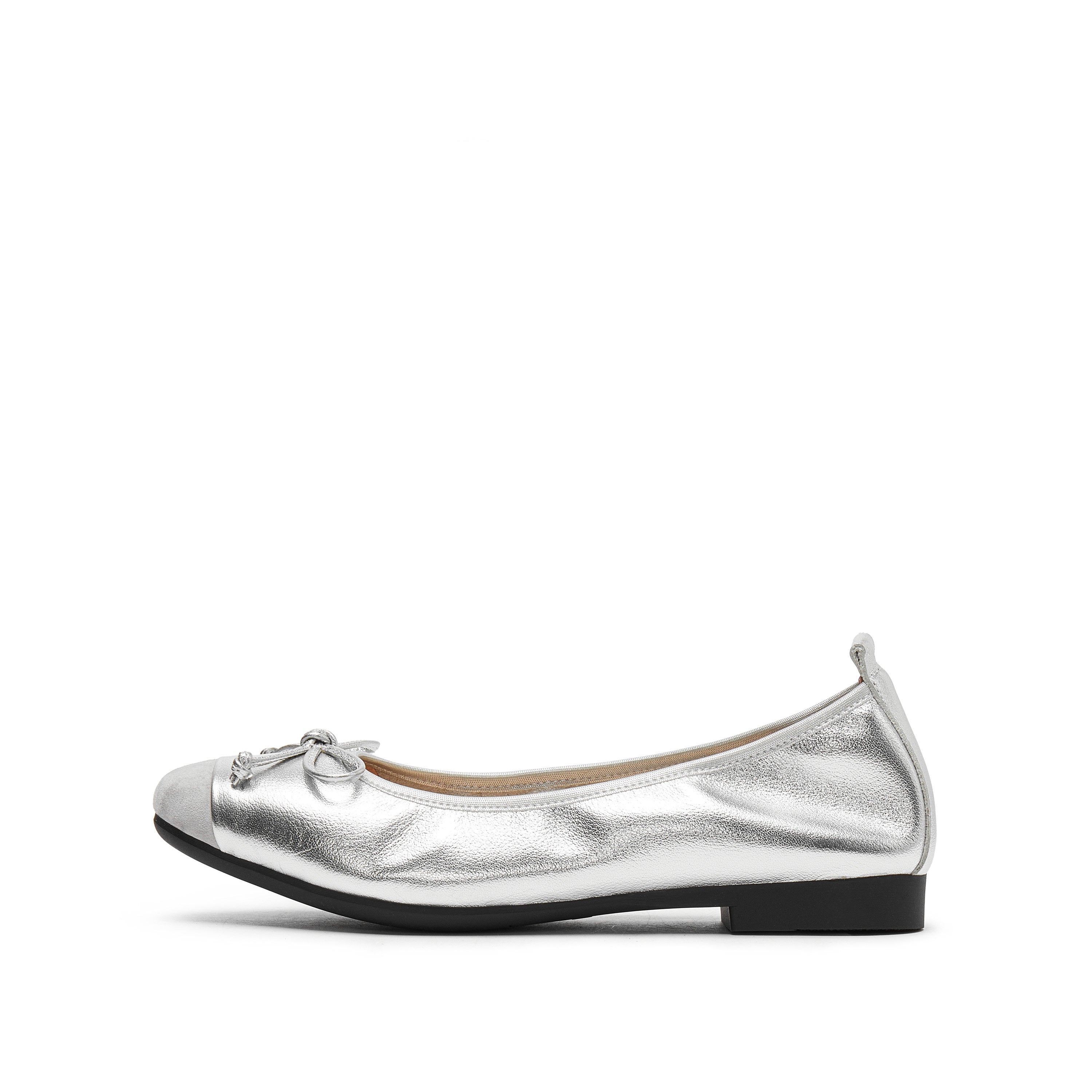 Silvery Bow Suede-Toe Cap Ballerina Flats