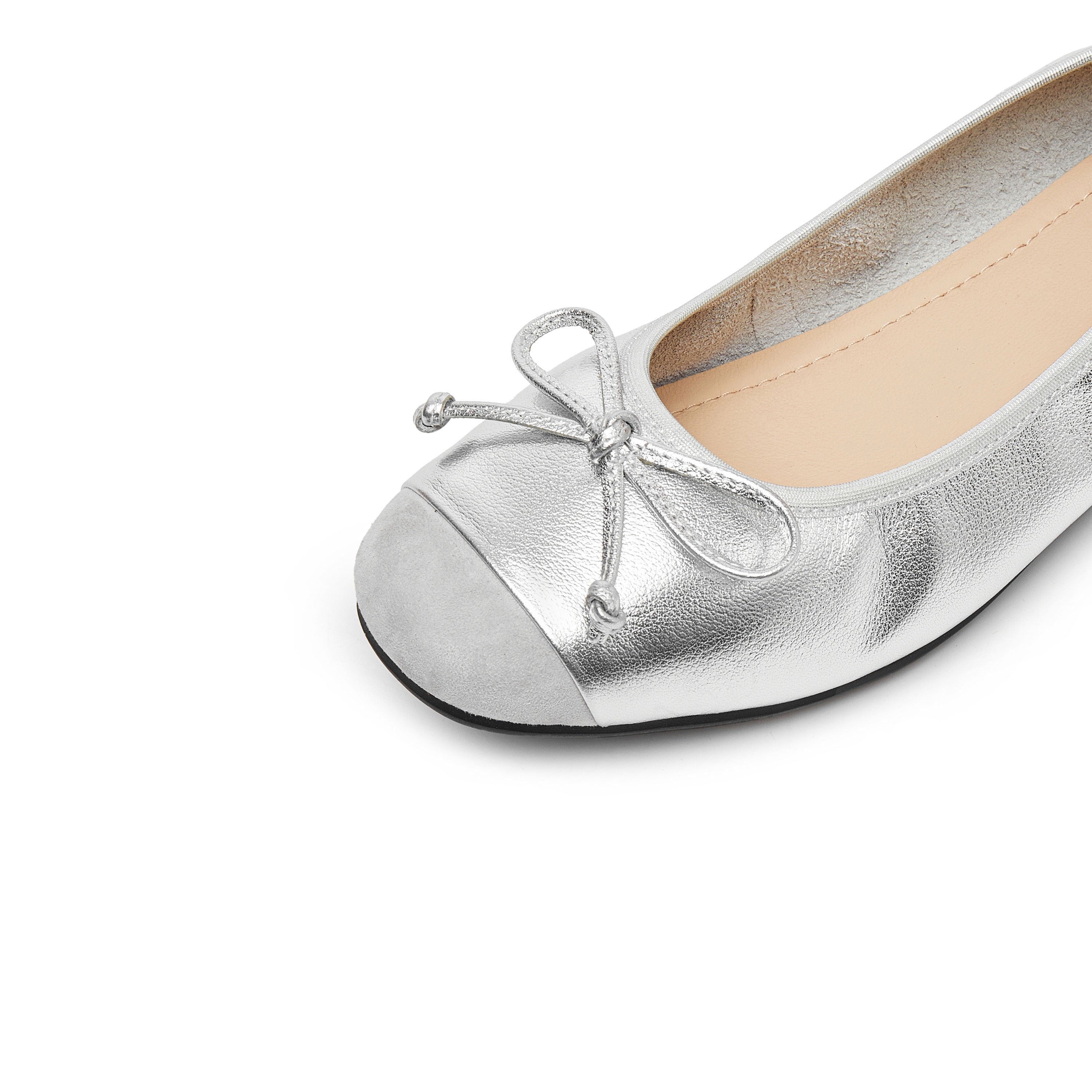 Silvery Bow Suede-Toe Cap Ballerina Flats