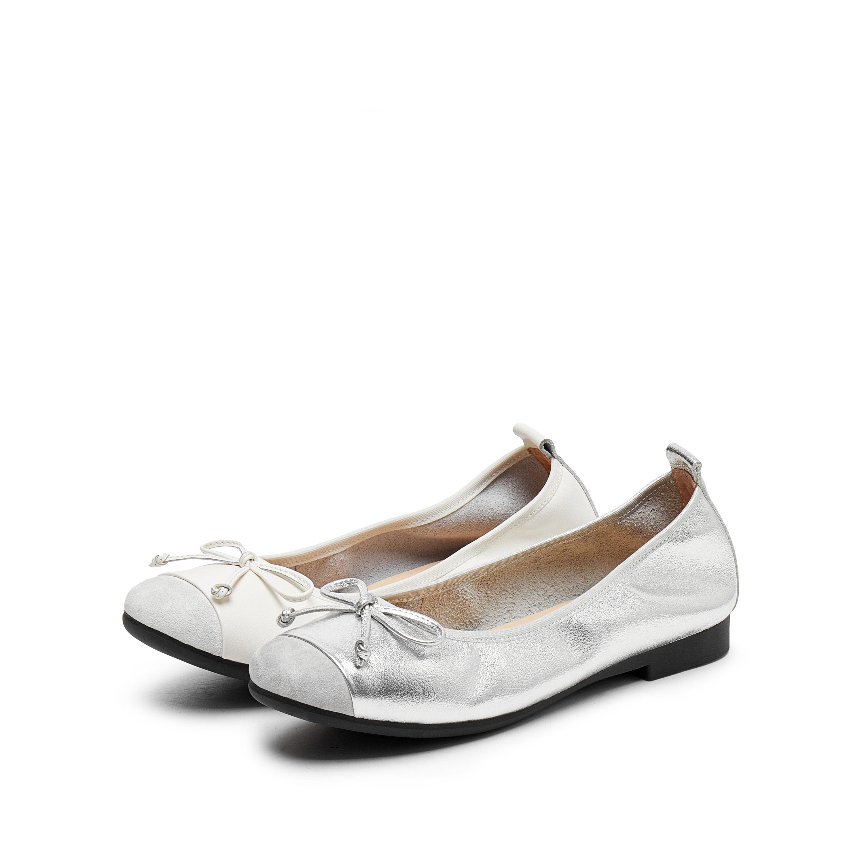 Beige Bow Suede-Toe Cap Ballerina Flats