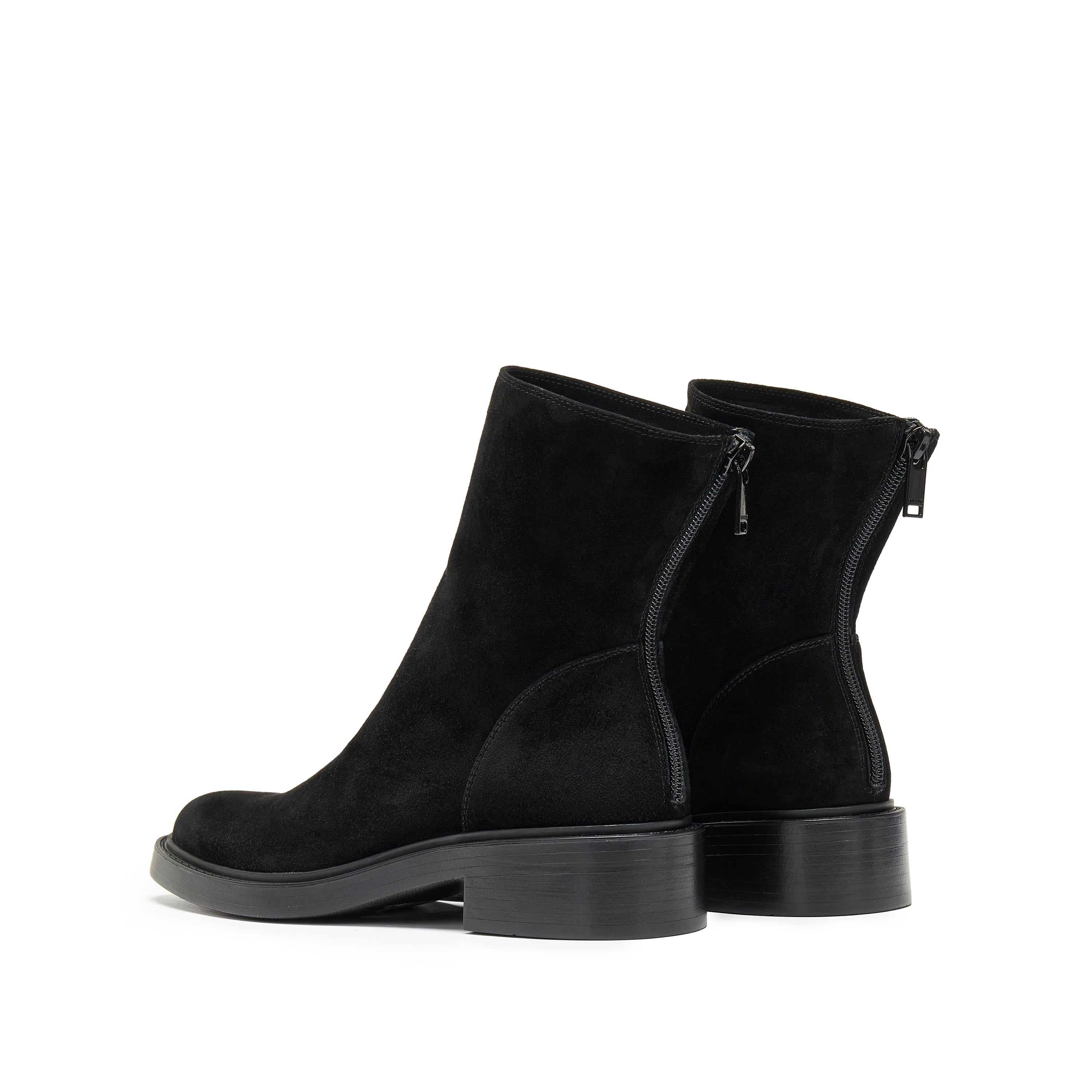 Black Kid Suede Leather Flat Ankle Boots