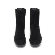 Black Kid Suede Leather Flat Ankle Boots